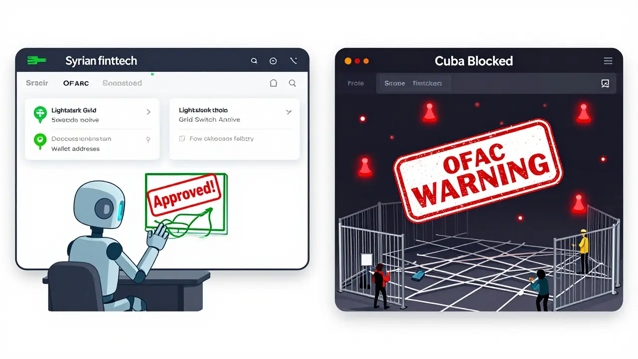 Contrasting compliance dashboards: one green-lighting Syrian crypto transactions, the other blocking Cuban ones with red alerts.