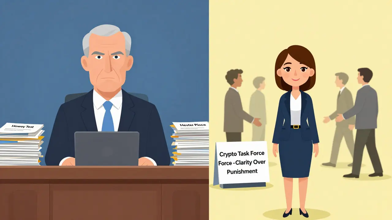 Gary Gensler's aggressive enforcement contrasts with Hester Pierce's calm Crypto Task Force, symbolizing a shift in SEC policy.