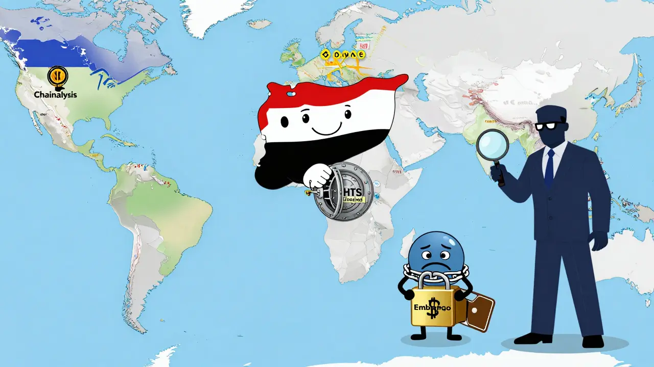 Geopolitical cartoon: Syria unlocks crypto access after HTS dissolution, while Cuba remains chained under U.S. embargo.