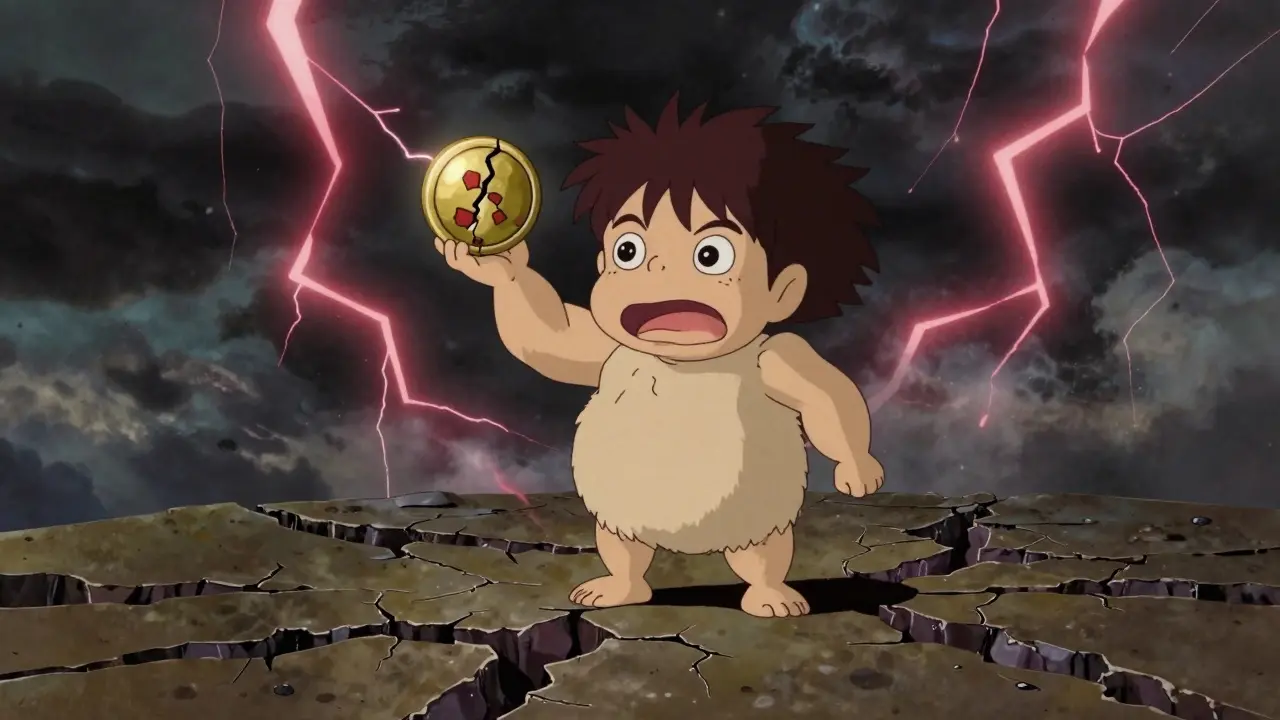 Ghibli spirit on crumbling platform holding cracking token