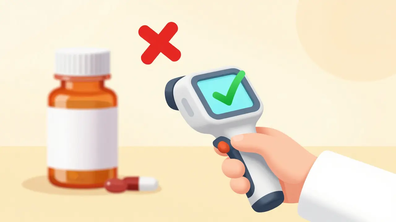 Pharmacist scanning medicine bottle with handheld device showing verification checkmark
