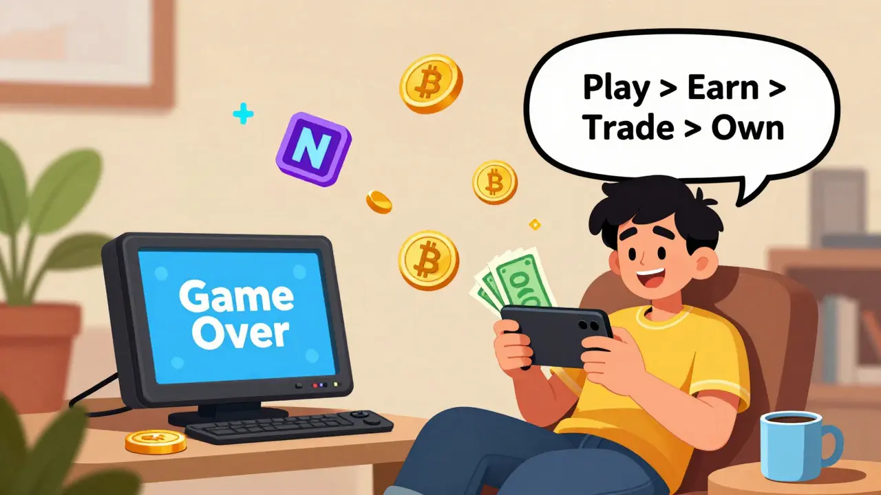 Player smiling while cashing out earnings from a mobile blockchain game, beside an ignored traditional gaming console.