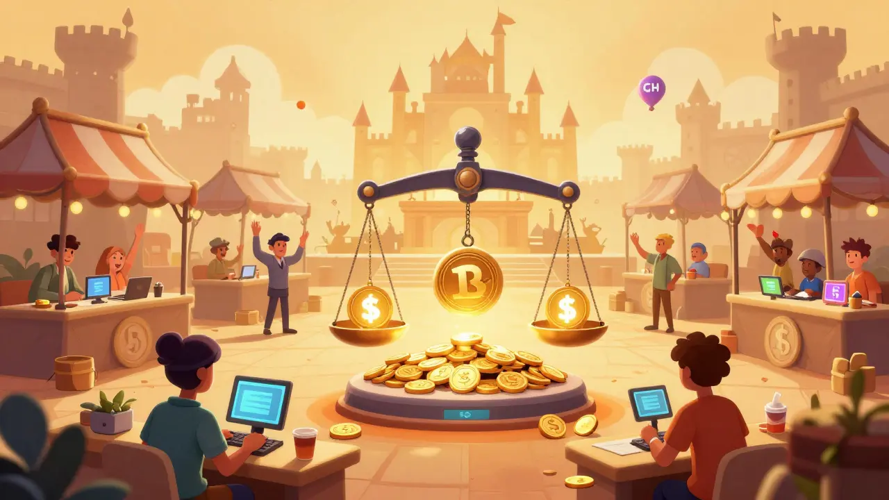 Players trading NFTs at a vibrant marketplace with a giant scale weighing a Legendary NFT against MCRT tokens.