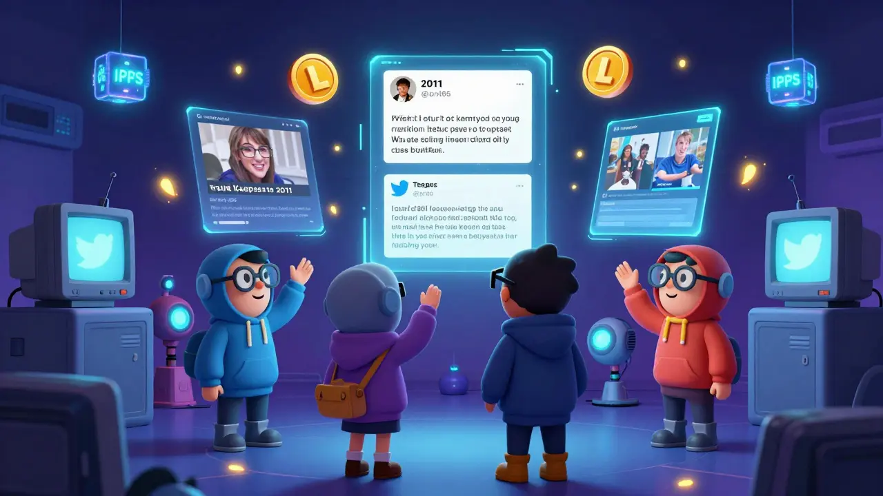 Quirky Vault Keepers explore holograms of early crypto memes in a digital museum filled with glowing tokens.