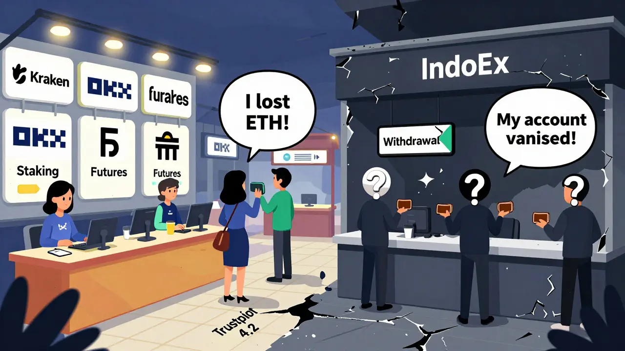 Split cartoon scene: thriving exchanges on left, crumbling IndoEx booth on right with users holding empty wallets.