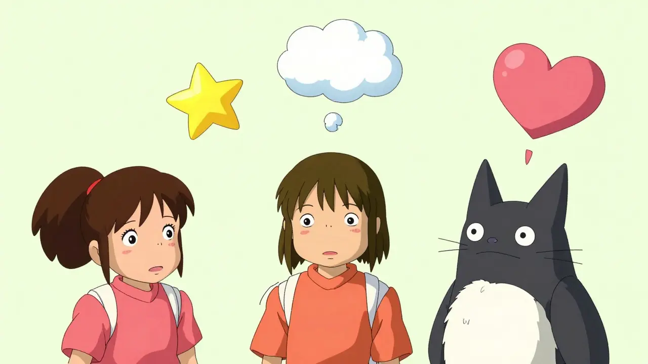 Three Ghibli characters confused by a morphing cryptocurrency token