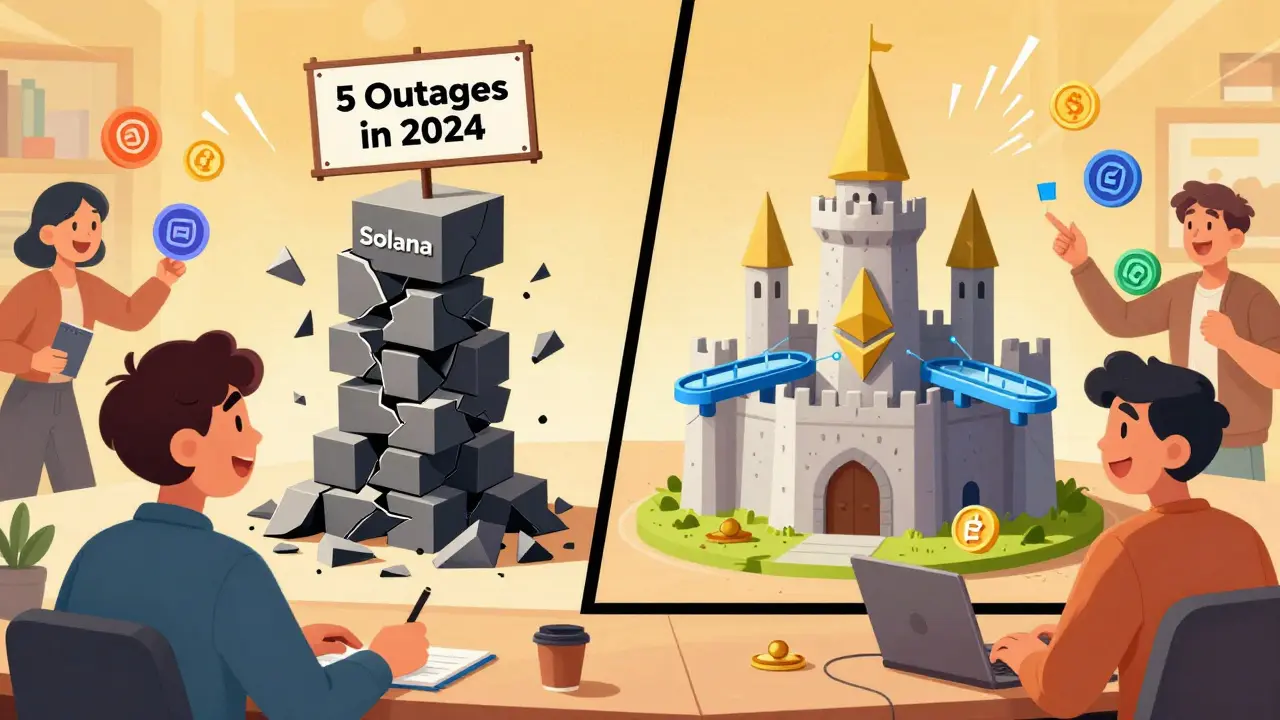 User comparing fragile Solana tower to sturdy Ethereum castle with Layer 2 bridges.