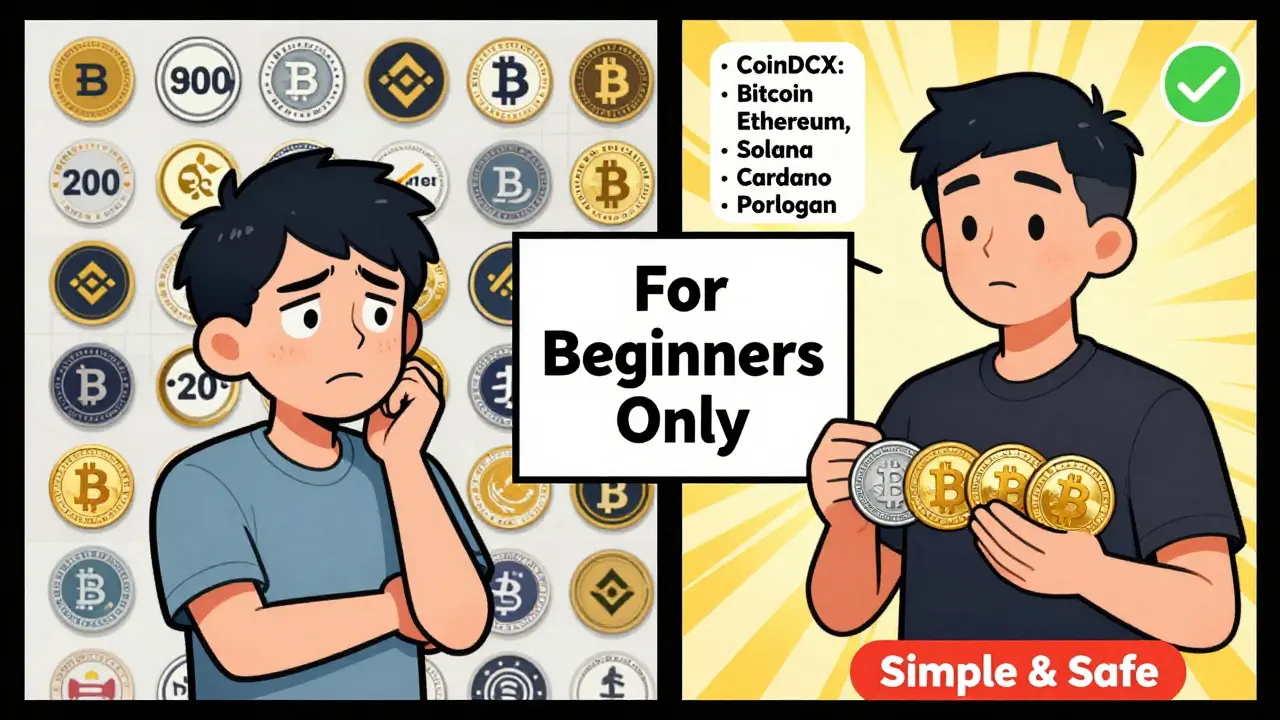 A beginner choosing CoinDCX's limited but simple crypto options over a chaotic exchange with hundreds of coins.