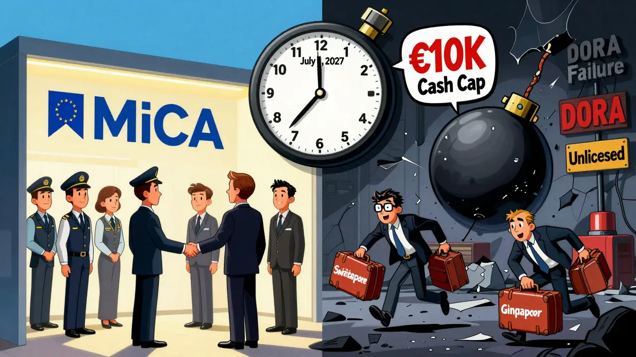 A cartoon contrast shows a thriving licensed crypto firm versus a failing unlicensed one as a countdown to new EU rules ticks down.