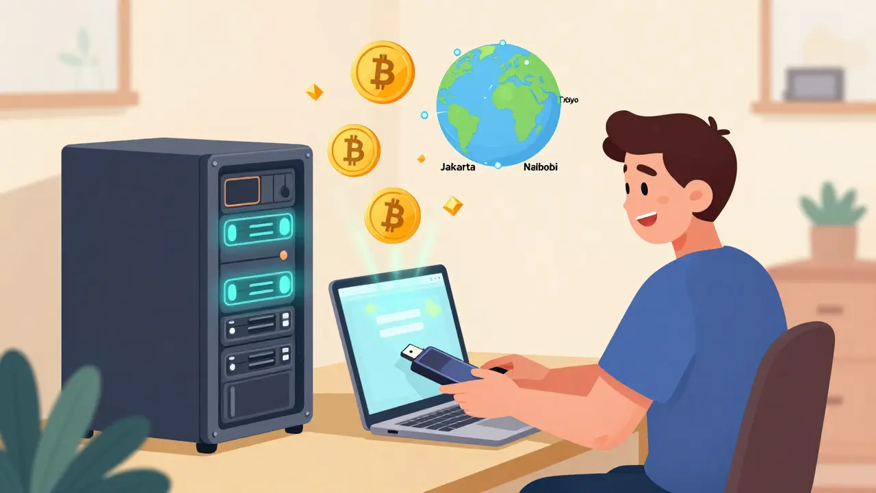 A developer earns crypto by renting unused hard drive space, with data shards traveling worldwide.