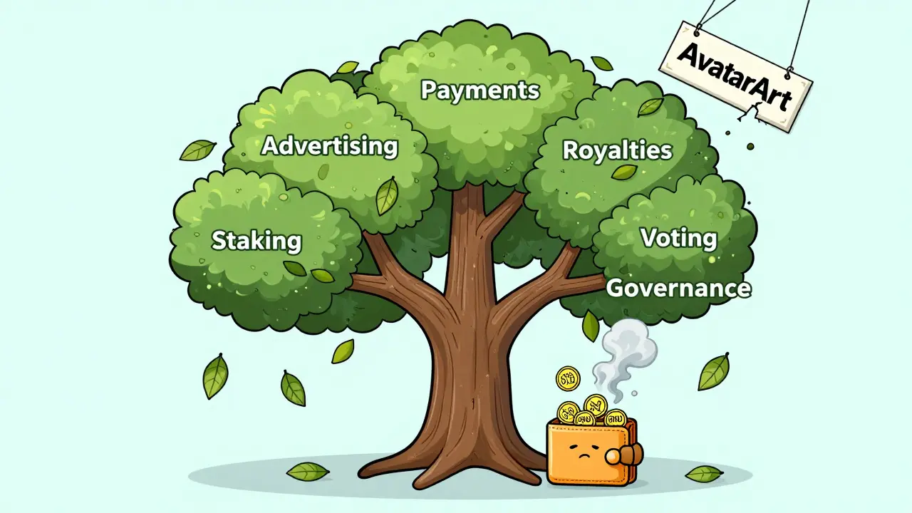 A dying blockchain tree with six wilted branches, a sad wallet at its base holding disappearing BNU tokens.