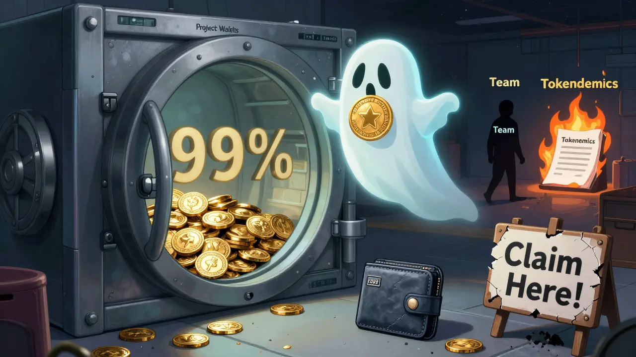 A ghostly CSWAP token hovers above a vault filled with millions of unused tokens, while a lone 2021 wallet sits unused.