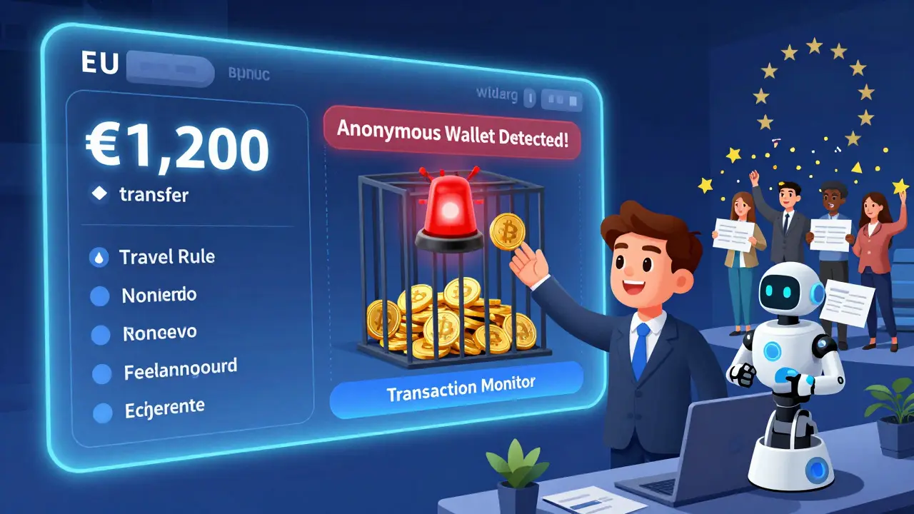 A glowing EU compliance dashboard alerts a team to a Travel Rule violation and blocked anonymous crypto transaction.
