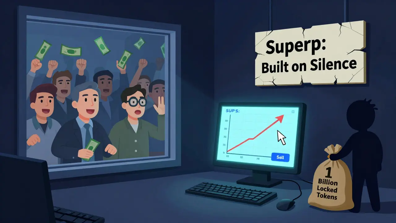 A glowing SUP price chart in a dark room while a shadowy figure holds locked tokens, with a sign reading 'Built on Silence'.