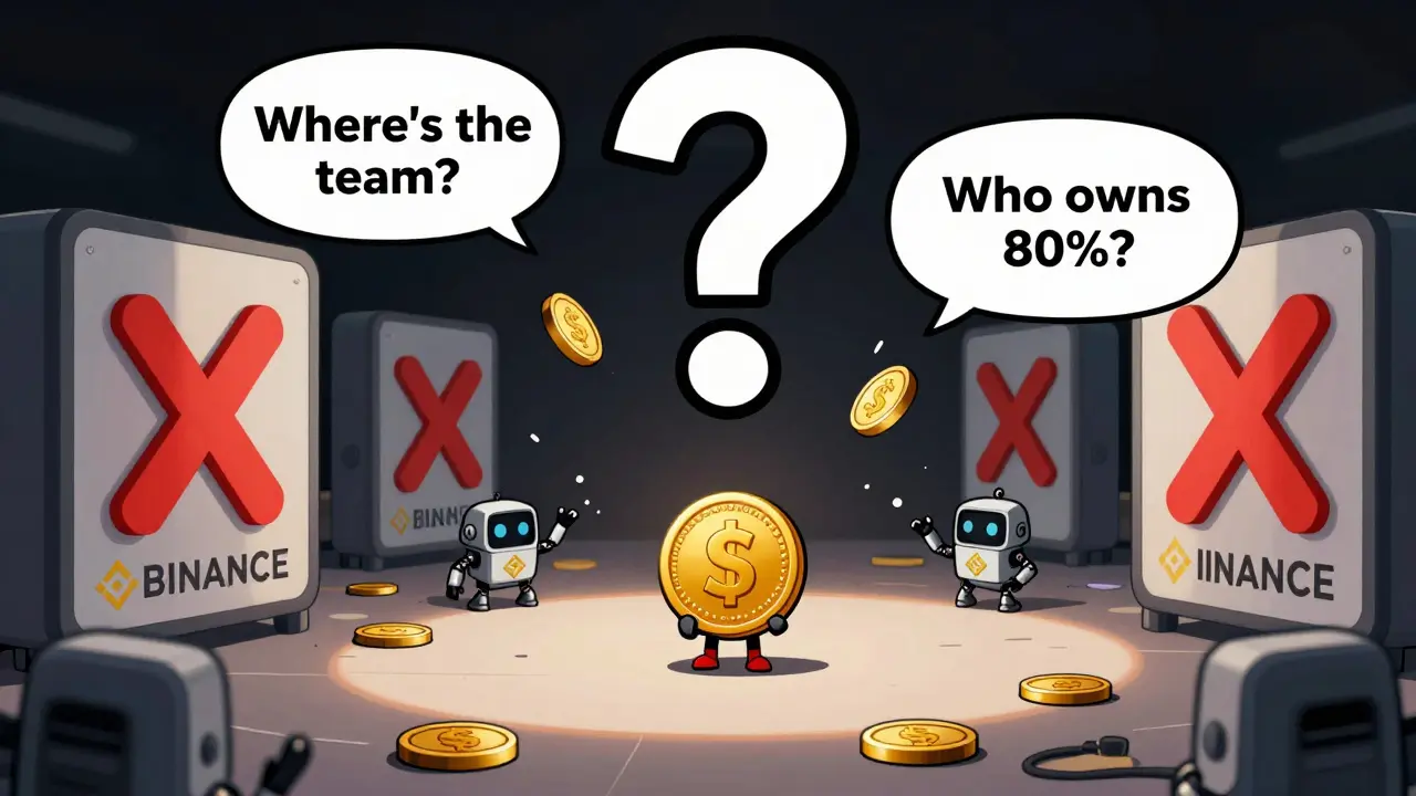 A lone SUP token surrounded by giant 'X' marks over major exchanges while robotic bots flip it in a deserted trading floor.