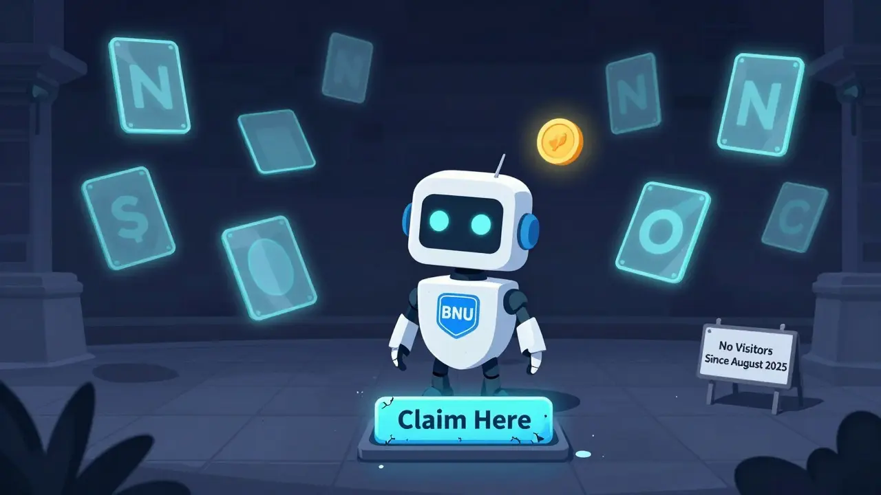 A lonely blockchain robot in an empty digital plaza surrounded by unsold NFTs and a dusty 'Claim Here' sign.