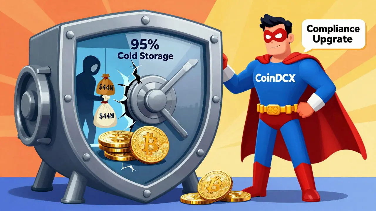 A secure vault protecting crypto coins, with a hacker nearby and Coinbase offering support in cartoon style.