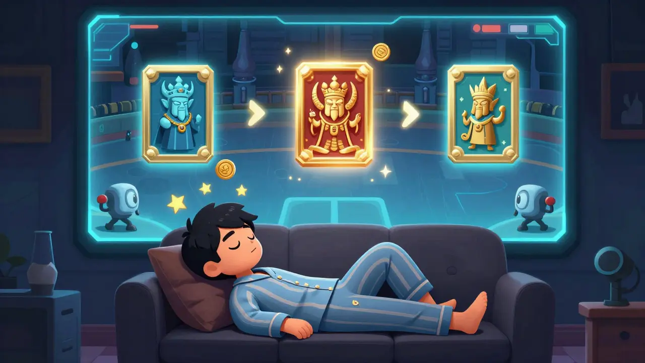 A sleepy player watches floating god NFTs battle automatically in a glowing game screen above their couch.