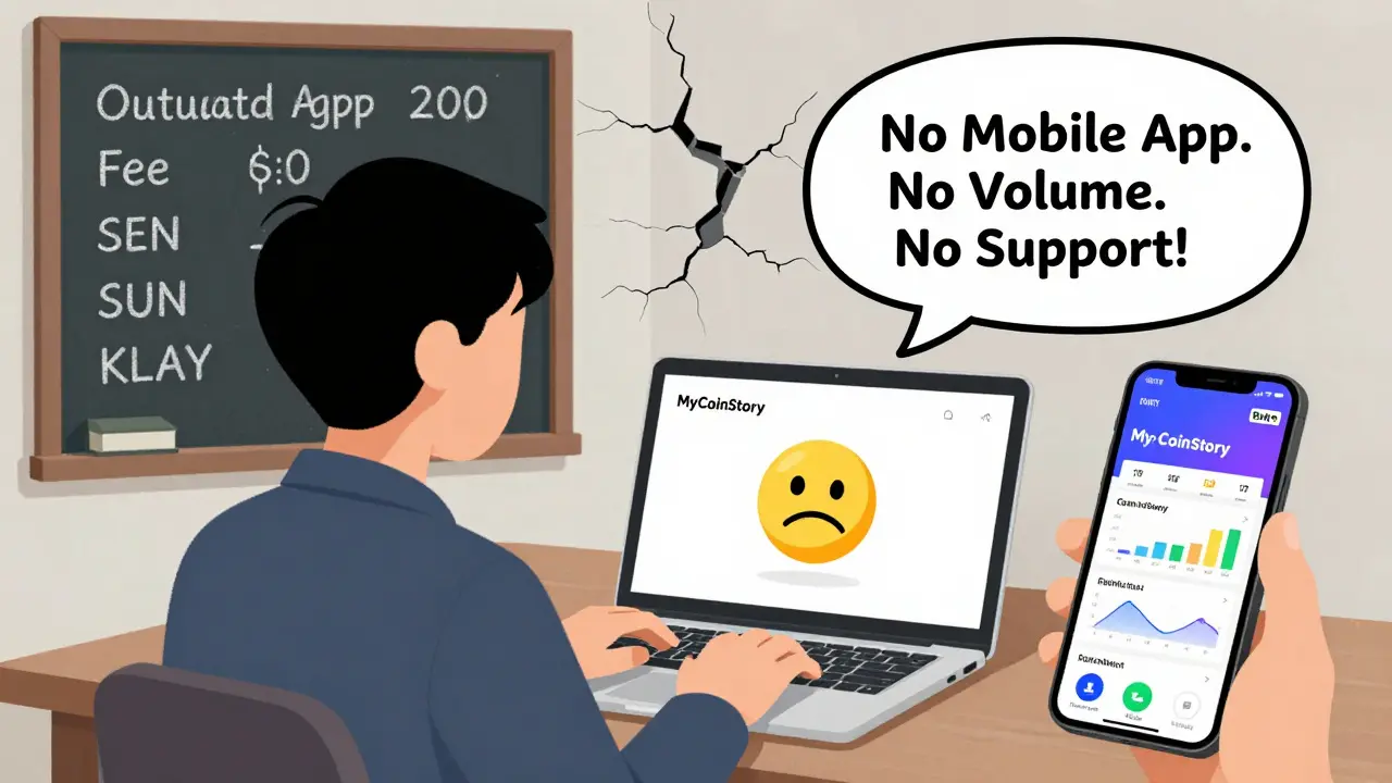 A trader comparing a dead MyCoinStory website on a laptop to a vibrant mobile trading app on their phone.