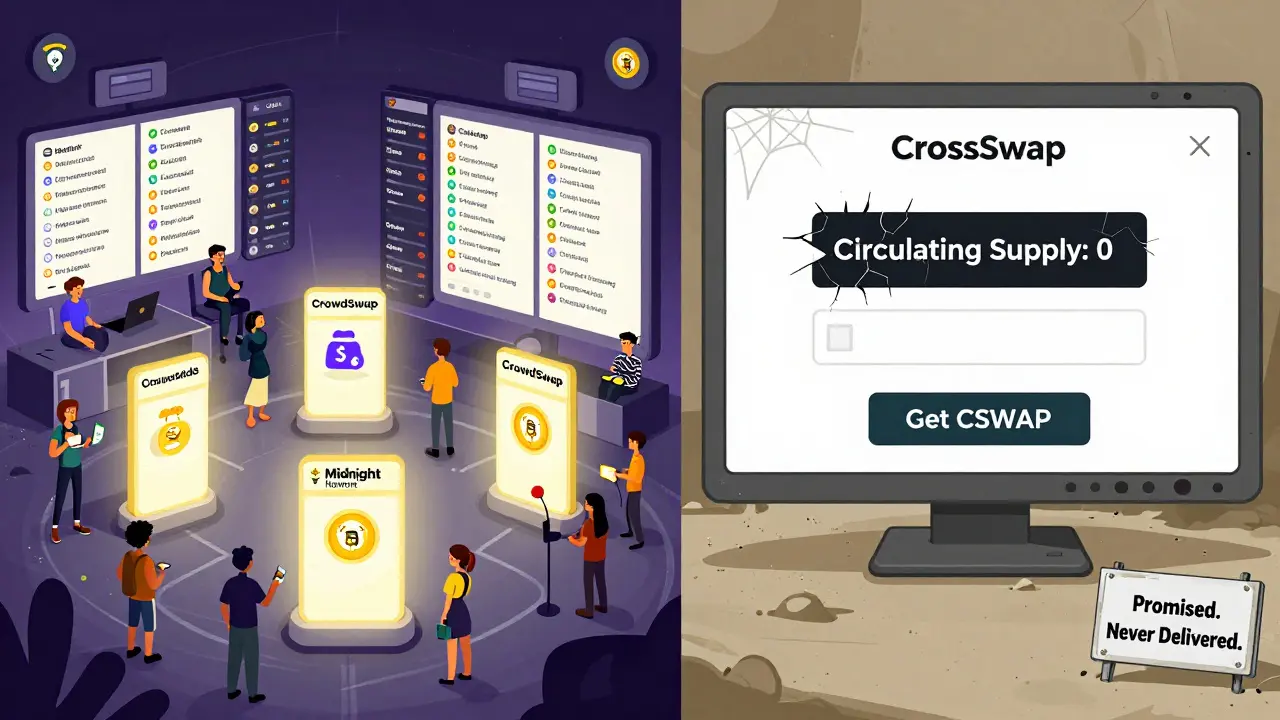 A vibrant active crypto hub contrasts with a dead CrossSwap website, showing 'Circulating Supply: 0' on a cracked screen.
