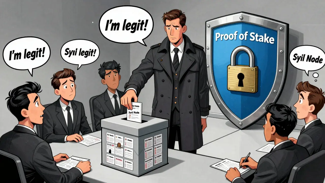 A villain stuffing fake voter IDs into a blockchain voting box while honest nodes look on in confusion.