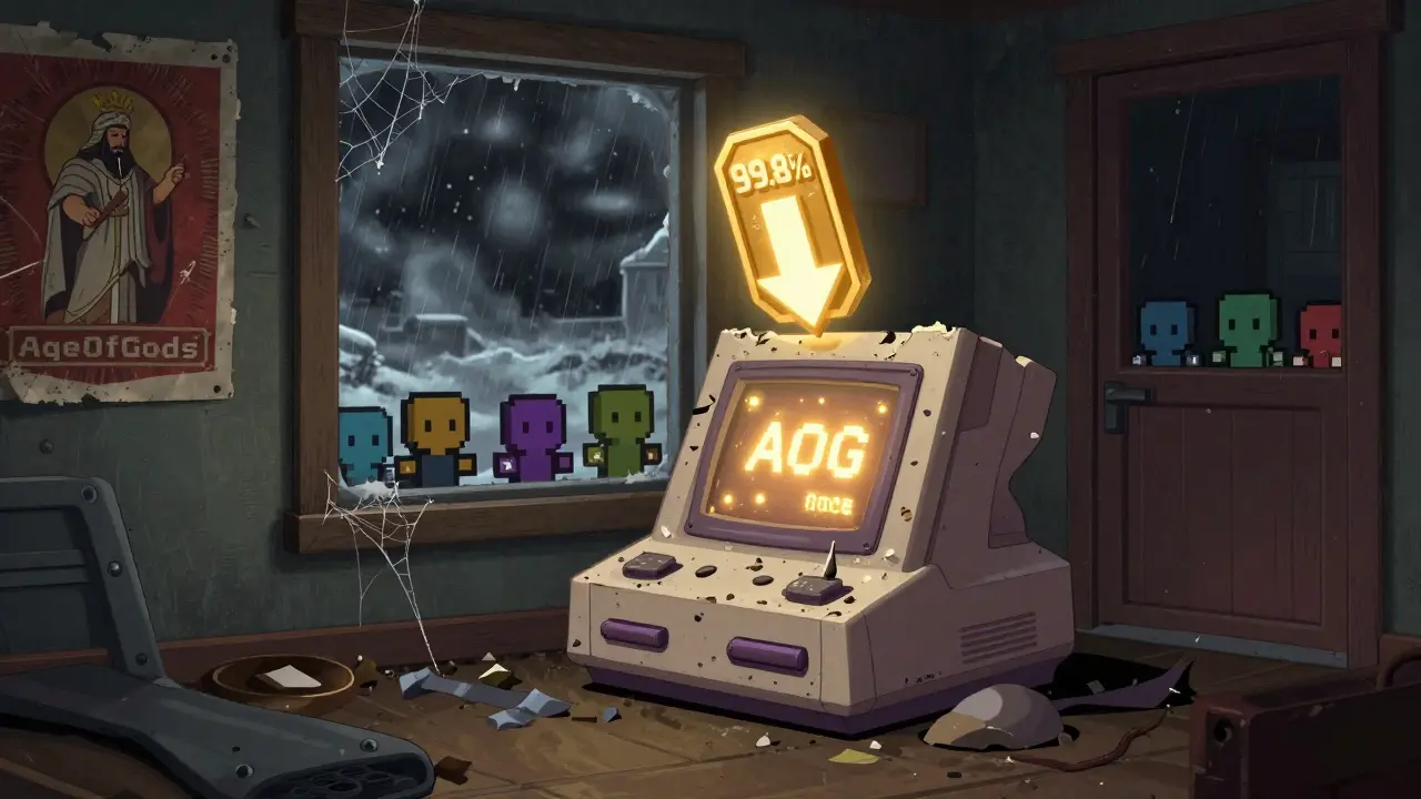 An abandoned AgeOfGods console with a falling AOG token as a few players look on in a dark, wintry room.