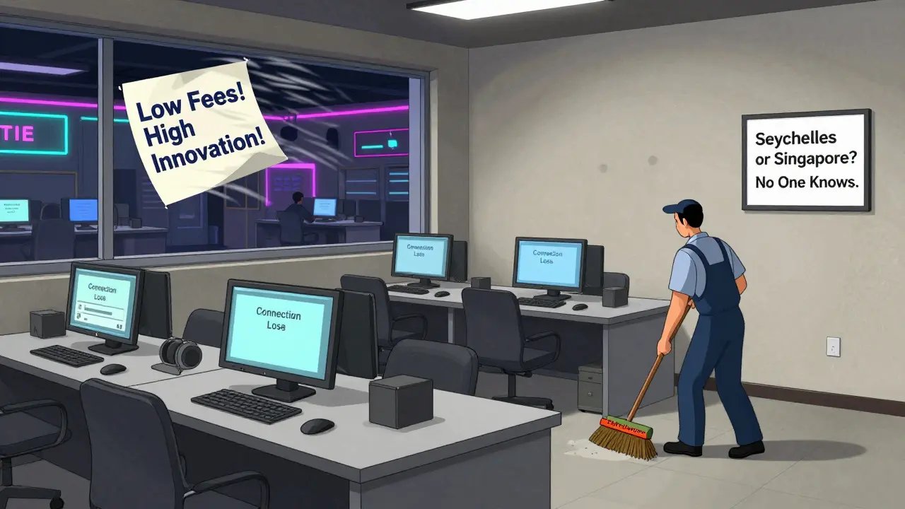 An empty crypto trading floor with dusty monitors and a fading poster, as a janitor sweeps past a confused jurisdiction sign.