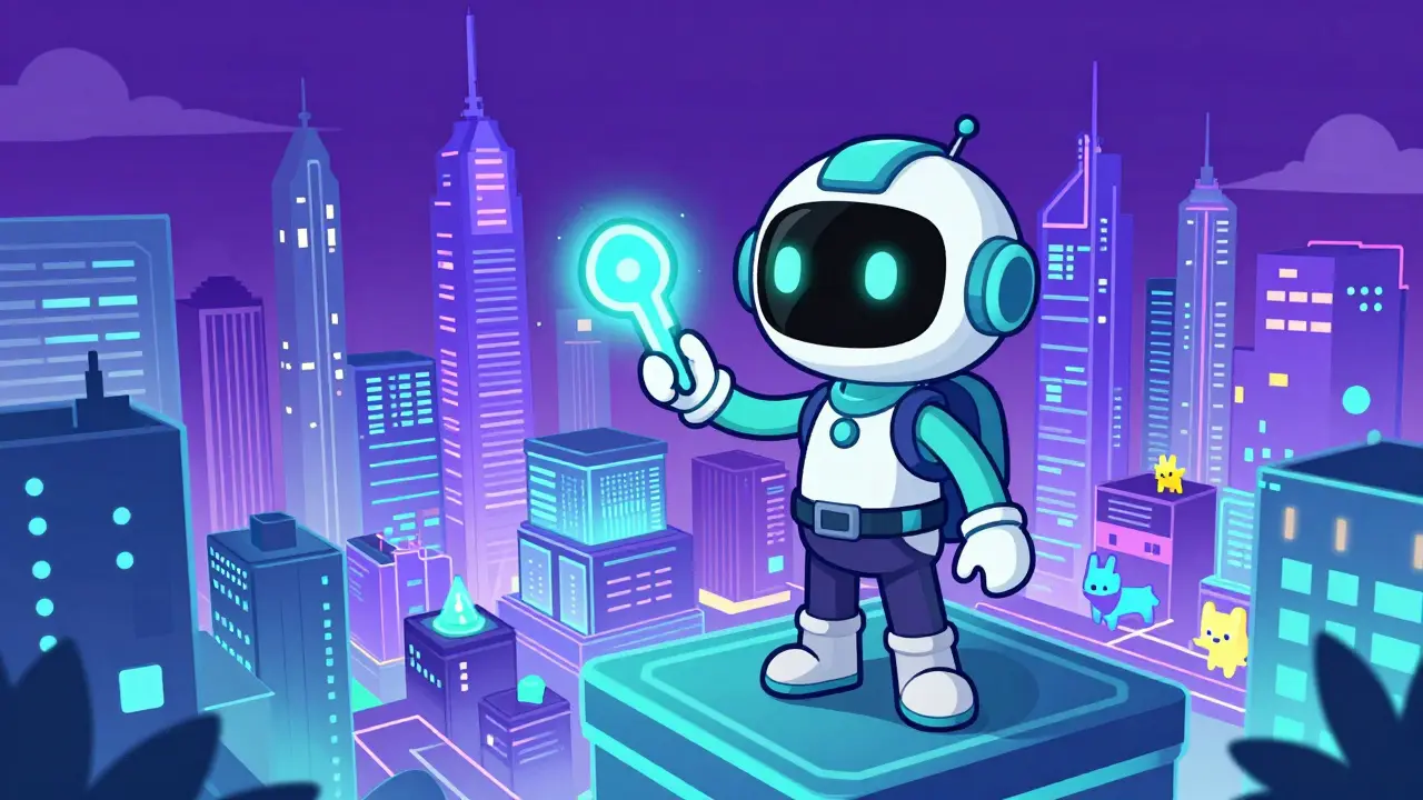 Avatar exploring neon virtual city with glowing token key