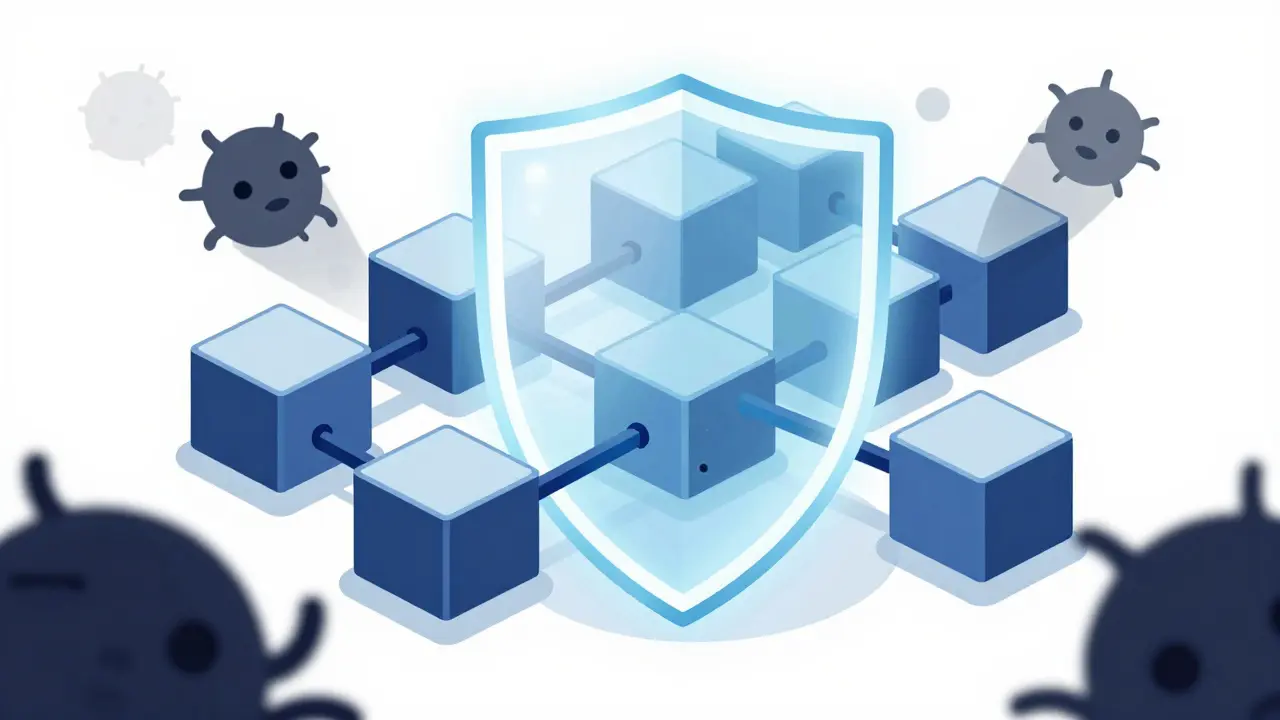 Cartoon blockchain chain protected by a glowing quantum-resistant shield.