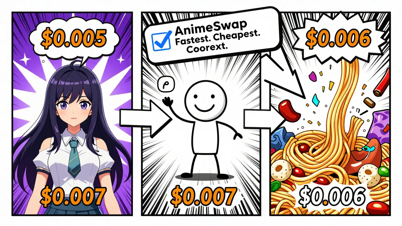 Cartoon comparison of three DEXs with AnimeSwap clearly winning in speed, cost, and design.