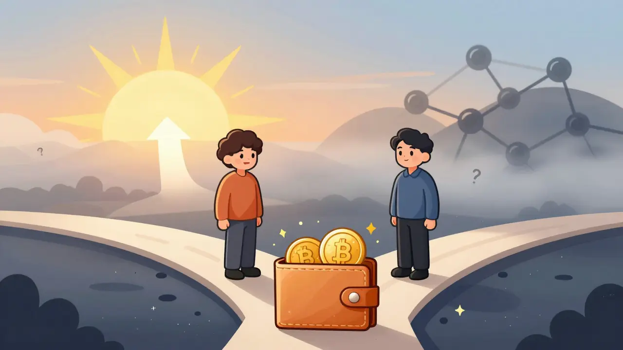 Cartoon depiction of crypto investment outlook with uncertain paths ahead