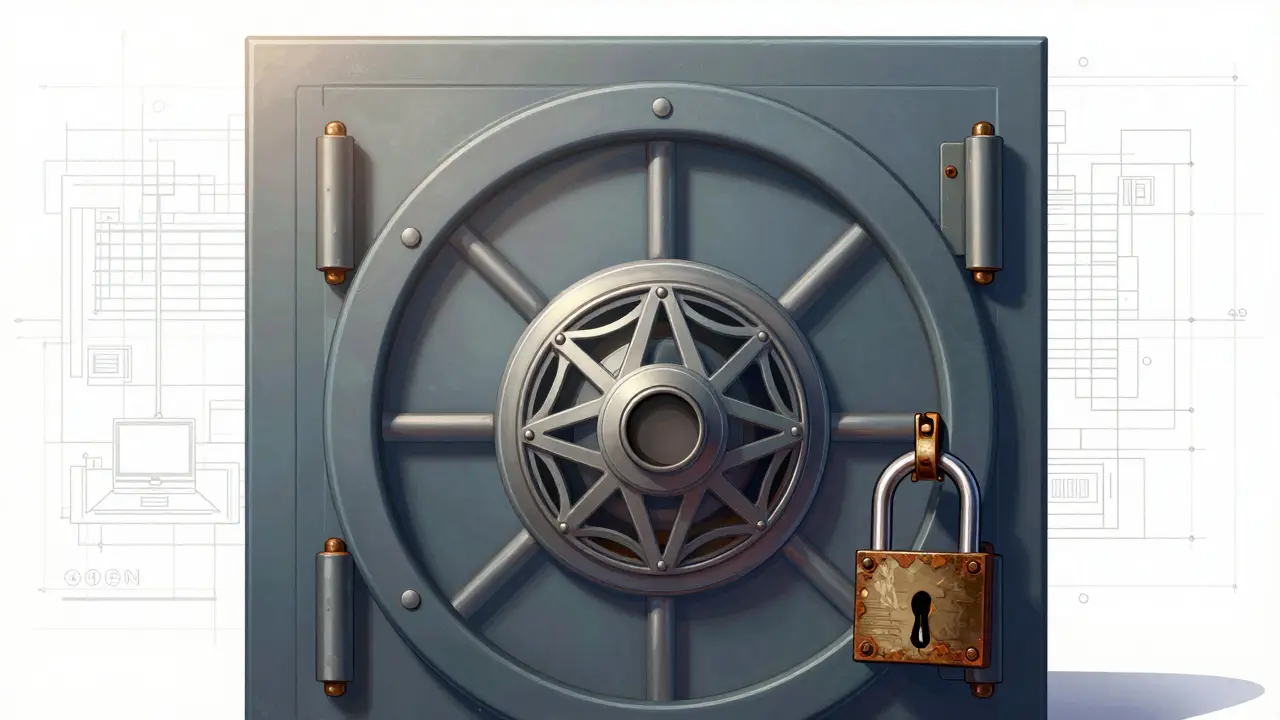 Cartoon illustration of a vault being upgraded with stronger lattice locks.