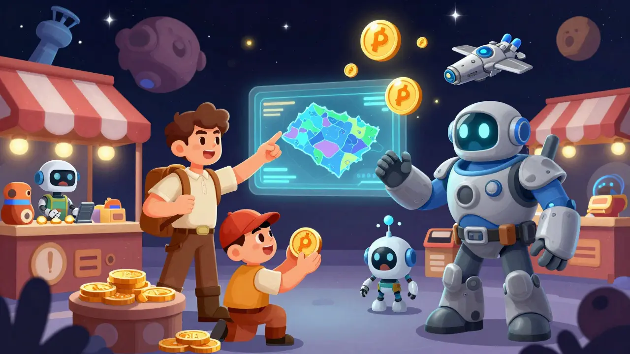 Cartoon marketplace in space with explorers, traders, and combatants interacting, POLIS tokens glowing above them.