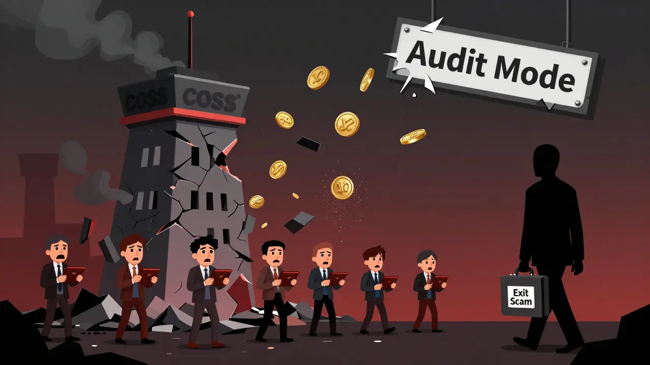 Cartoon of a crumbling COSS tower with users holding empty wallets as a scammer walks away
