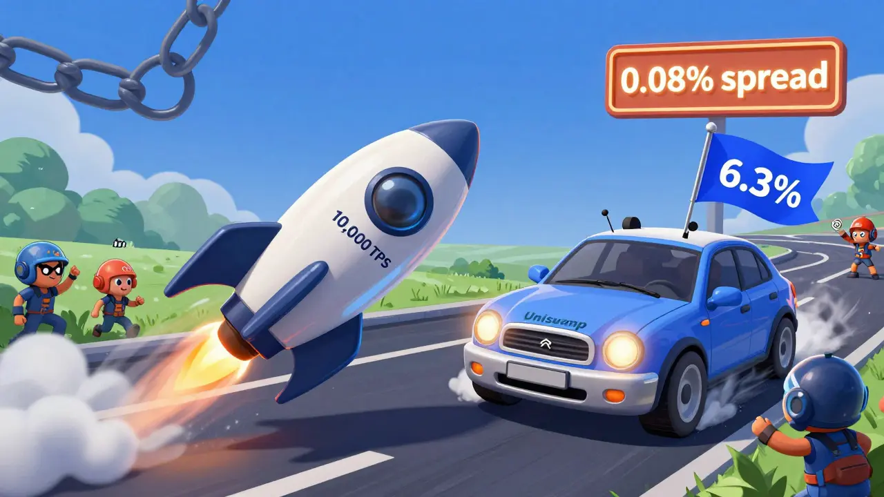 Cartoon race between DeepBook rocket and Uniswap car, showing speed and low fees versus slippage and congestion on a crypto highway.