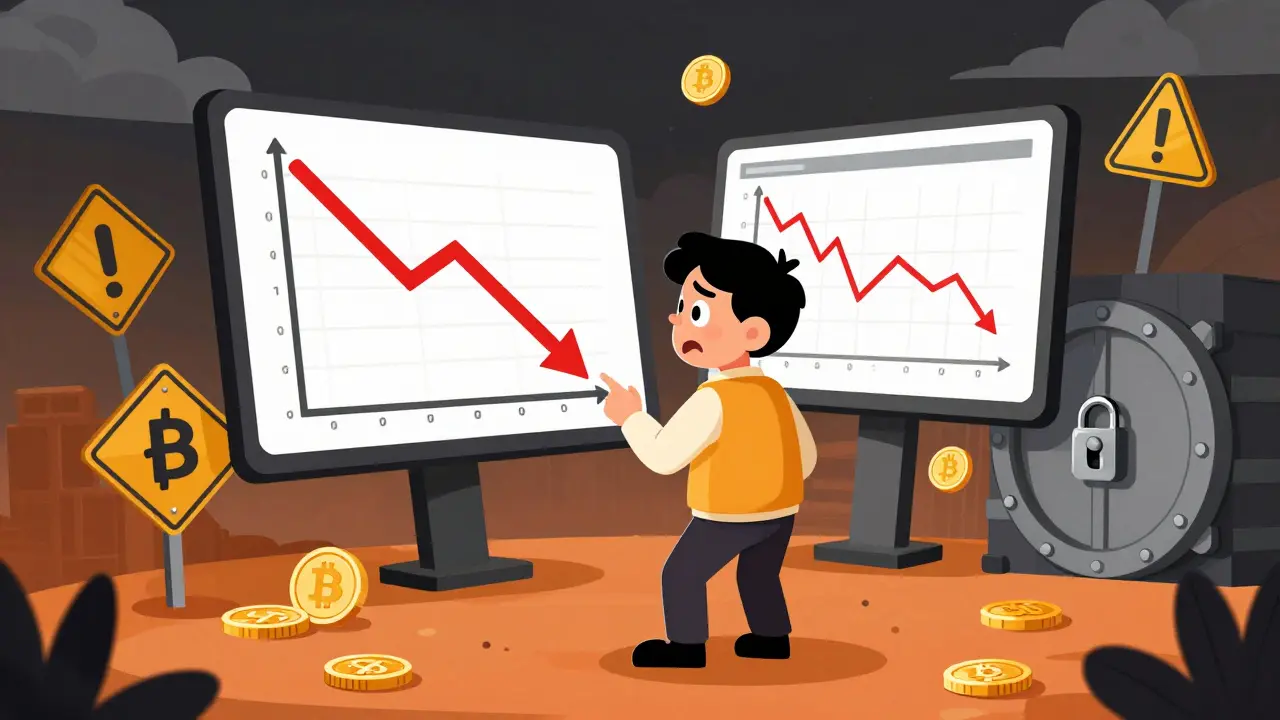Cartoon scene showing cryptocurrency market risks and volatility concerns