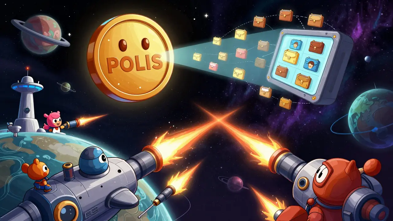 Cartoon space battle with factions fighting as a giant POLIS token casts a voting light over orbiting wallets.