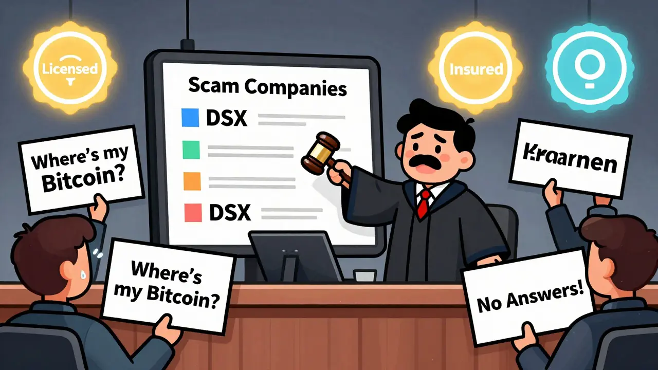 Courtroom scene with DSX listed as a scam, users pleading for funds, while regulated exchanges shine in the background.