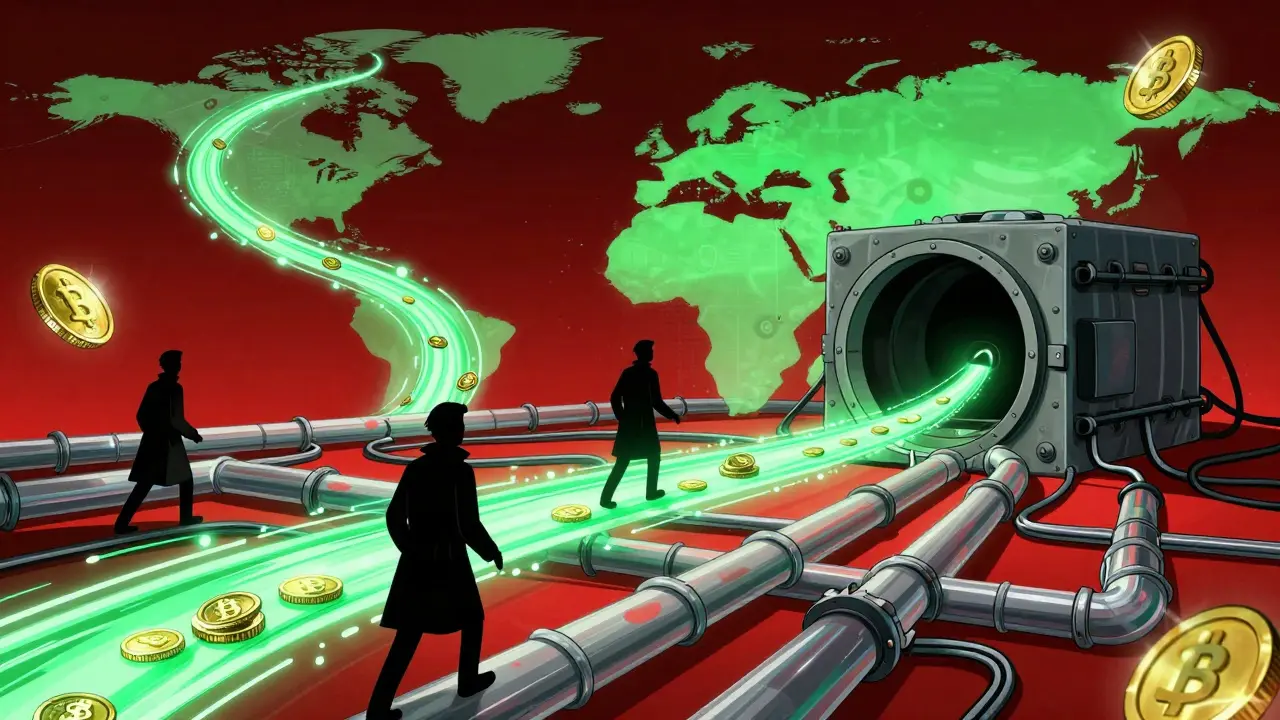 Illustration of coins flowing through pipes symbolizing money laundering.