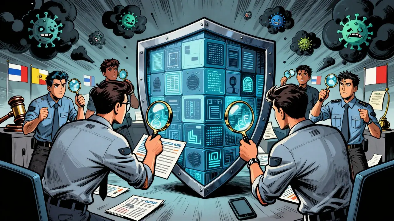 Security shield with analysts stopping digital threats and fraud.