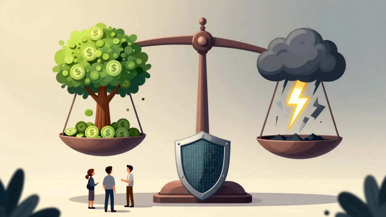 Seesaw balancing a growing plant against a storm cloud to show risk and reward.