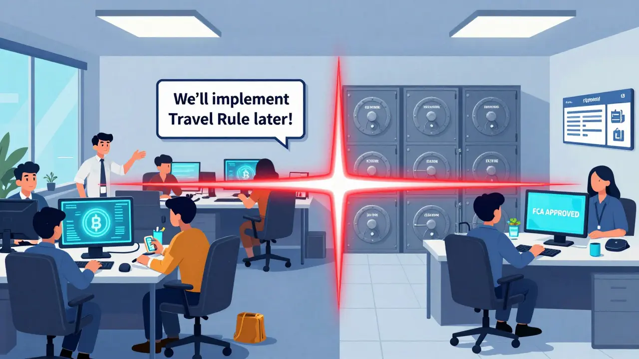 Split cartoon scene contrasting an unregulated crypto startup with a compliant, FCA-approved firm.