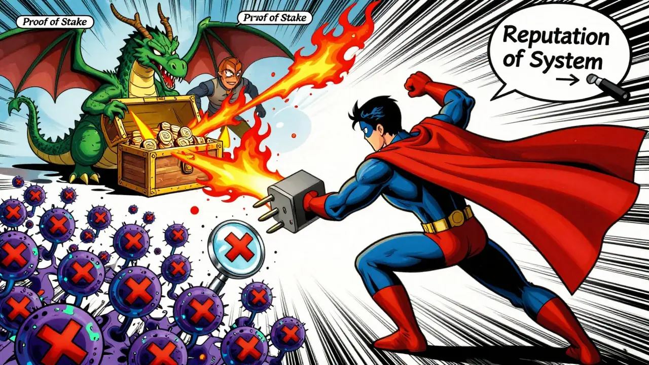 Superhero Proof of Work battling glitchy Sybil nodes, with Proof of Stake dragon guarding crypto assets.