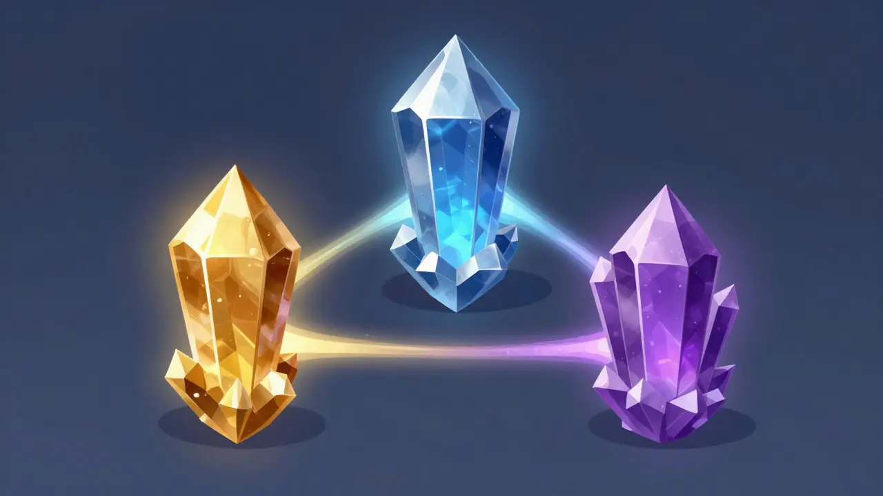 Three glowing crystals connected in a circular balance loop