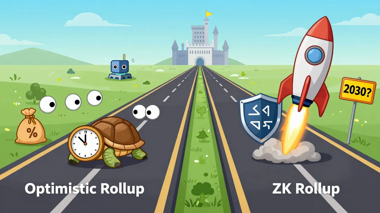 Two parallel roads: one slow with clock, one fast rocket, both leading to Ethereum castle.