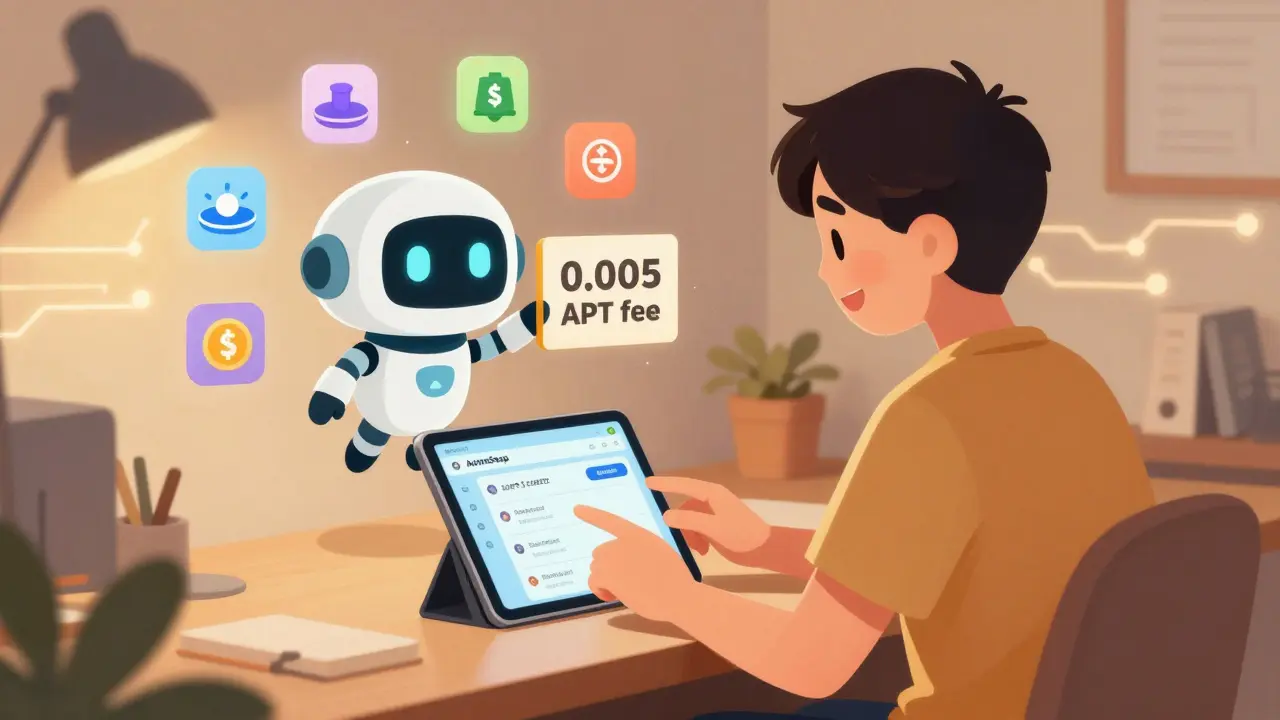 User happily trading on AnimeSwap with a cute robot assistant showing low transaction fees.