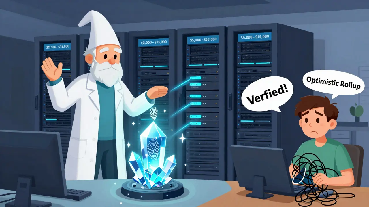 Wizard casting ZK-SNARK fingerprint spell on blockchain crystal while server farm glows behind.