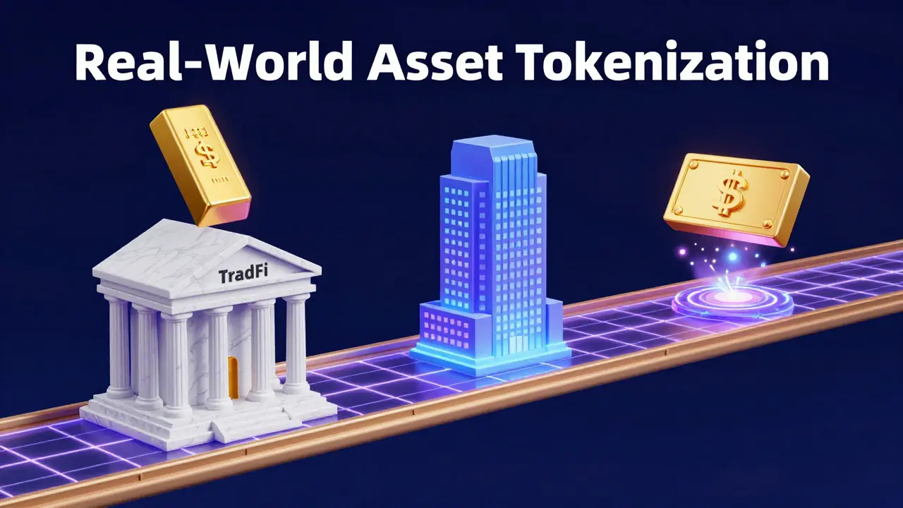 A bridge connecting a traditional bank to a digital grid with tokenized gold and real estate.