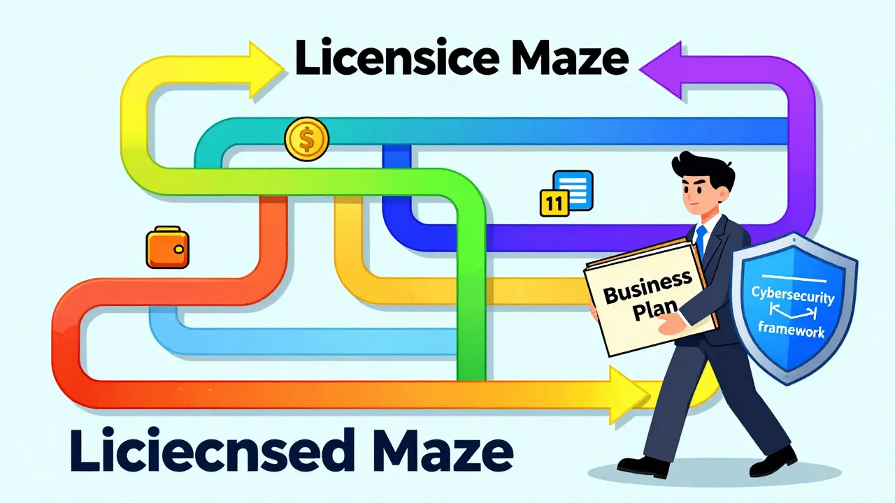 A business owner navigating a colorful, organized maze of crypto licensing categories.