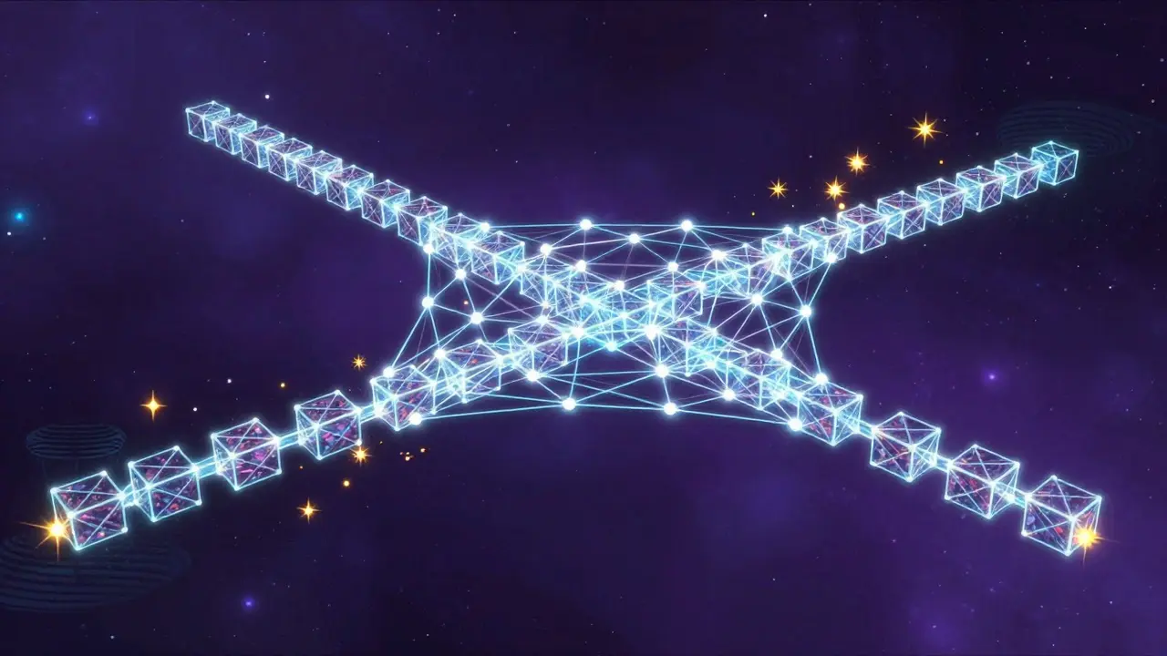 A glowing, interconnected web of light representing the Hashgraph DAG network.